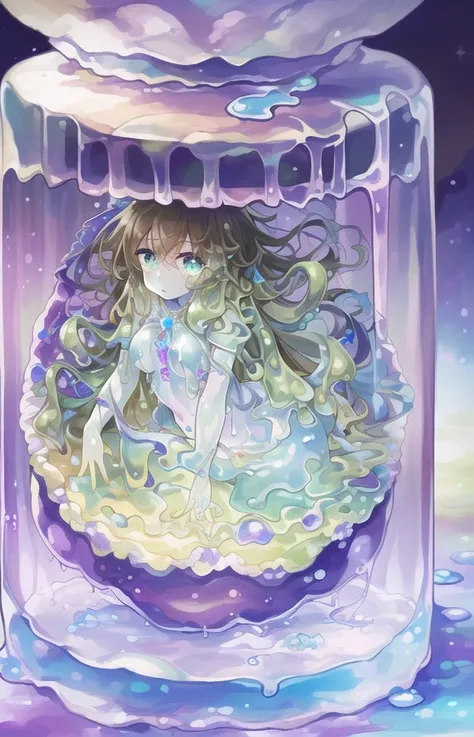 ((best quality)), ((highly detailed)), masterpiece, ((official art)), (detailed eyes, deep eyes), (1girl:1.33, solo), <lora:girlsInGlassJars_girlsInGlassJarsV1:.5>, (shrunken), (glass jar), mature woman, jar, slime girl, melting, wet slimy skin, ((Neon violet colored slime_(substance), brown colored skin)), (colored skin), navel, large breasts