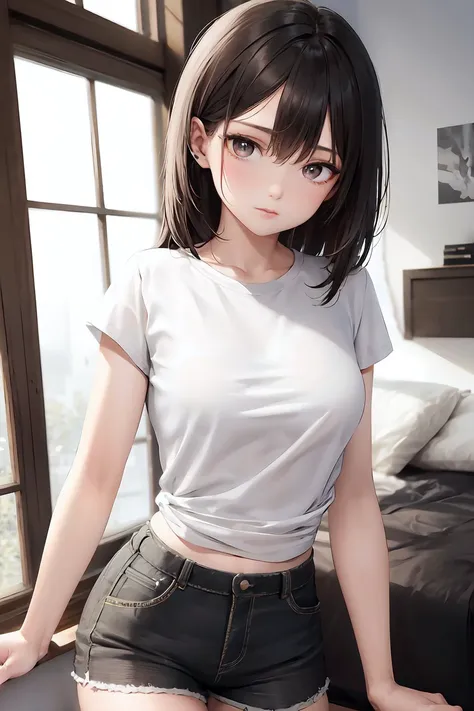 best quality, masterpiece, girl, Dark hair, dark eyes, white T shirts, short pants