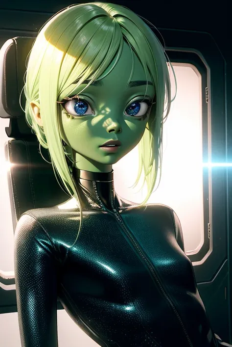 ((realistic)), cinematic shot, movie theater, photo referenced, highest quality, high quality, (detailed face and eyes:1.1), skinny alien girl, ((green skin)), (grey alien), ((big eyes)), big nose, black sclera, ((in space)), UFO in the background, black jumpsuit, holding a laser gun, black eyes, subsurface scattering, intricate (high detail), ((cute)), (detailed skin:1.1), shiny skin, photorealism, volumetric lighting, golden dust