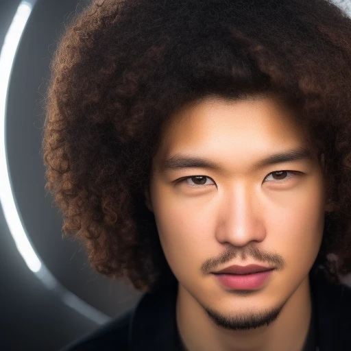 Simon Whislter, half korean,  half german, round  face, curly mid length hair,  portrait, youtube video, realistic, photograph, ring lighting,  ring lighting,  tyznedsk1