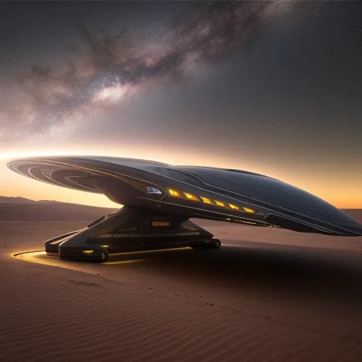hyper realistic art, long cyberpunk starship landing in the desert, photorealistic, full resolution, insane detailed, professional photo, night milky way