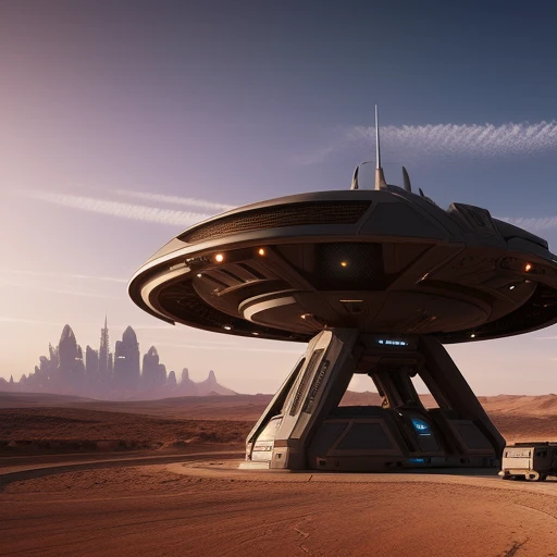 fantasy art, long cyberpunk starship landing in the desert, photorealistic, full resolution, insane detailed, professional photo