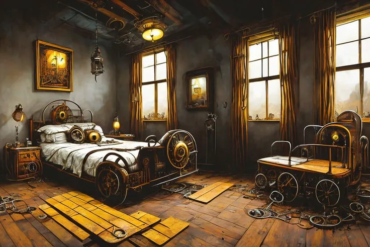 (Photo:1.3) of (steampunkai)++, steampunk, fantasy landscape featuring a majestic (Abandoned horror Mental hospital room interior), (Old, rusty hospital bed), (Torn, stained mattress), (Peeling wallpaper), (Broken window with bars), (Dimly lit room), (Harsh, unnatural lighting), (Wide-angle camera), (Low aperture lens), (Grainy, black and white film), (Rusted metal bed frame), (Rotting wooden floorboards), (Chains on the walls), (Flickering overhead light), (Creepy atmosphere), bold dynamic colors, strong lines to capture the epic scale and drama, art, symmetrical artistic sharp art, (dan mumford style:1.1), hdr, realism, dark fantasy atmosphere, Lovecraft style, (JimJorCrafLogo art style:1.3),CGSociety,ArtStation,Highly Detailed