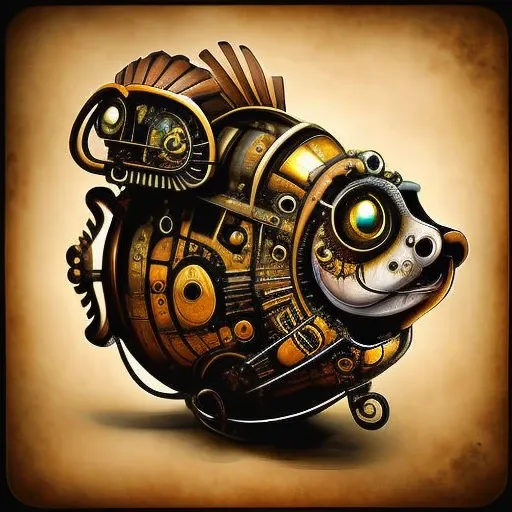 (steampunkai), a goldfish from the side in a bowl with goggles on. steampunk