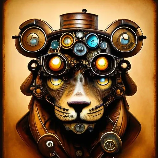 (steampunkai)++, lion with goggles on it's head, portrait, steampunk