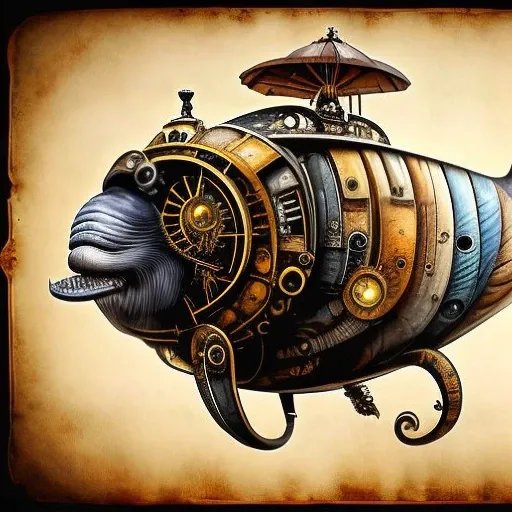 (steampunkai), (whale)++, from the side, steampunk
