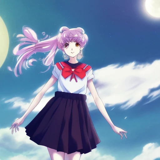 anipoma1, anidzk2, dsktaro1, digital illustration style, portrait, 1girl, crescent, crescent_moon, double_bun, earrings, elbow_gloves, full_moon, gloves, hair_cones, hair_ornament, hairpin, heart, heart_choker, jewelry, long_hair, magical_girl, moon, multicolored_clothes, multicolored_skirt, neck, red_bow, sailor_chibi_moon, sailor_collar, skirt, solo, star_\(sky\), starry_sky, tiara,rim lighting, global illumination, octane render, 128k, AGFA, wlop, art by artgerm