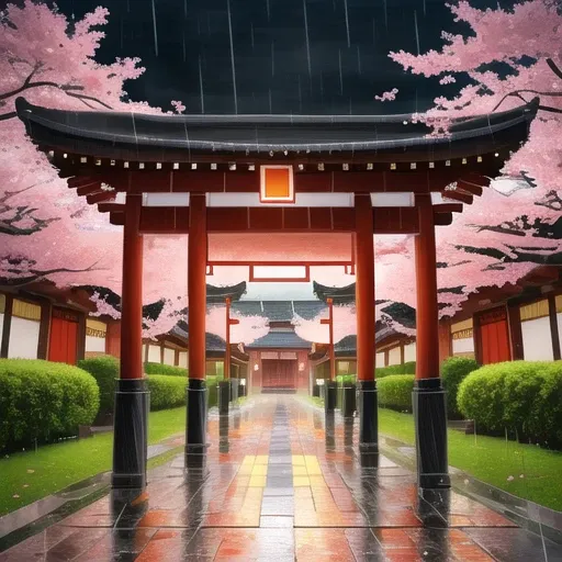 masterpiece, best quality, sharp detail, highres, ((rain)), ((east asian architecture)), (cloudy sky), (cherry blossoms), (path)