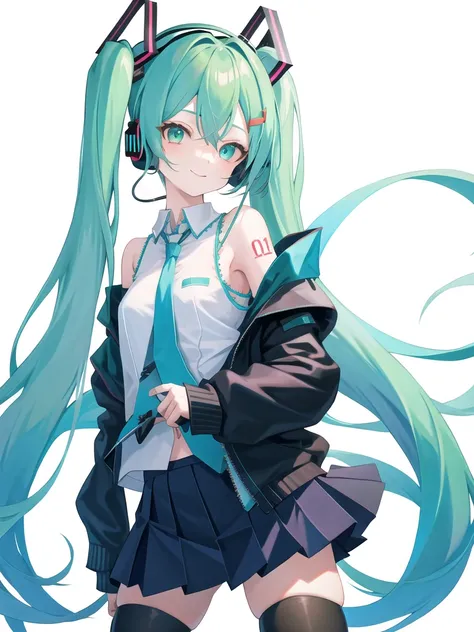 (Miku),1girl, solo, long_hair, looking_at_viewer, smile, skirt, shirt, hair_ornament, thighhighs, bare_shoulders, twintails, very_long_hair, pleated_skirt, detached_sleeves, necktie, sleeveless, black_thighhighs, black_skirt, nail_polish, aqua_eyes, zettai_ryouiki, sleeveless_shirt, aqua_hair, tattoo, headphones, headset, shoulder_tattoo, aqua_necktie
