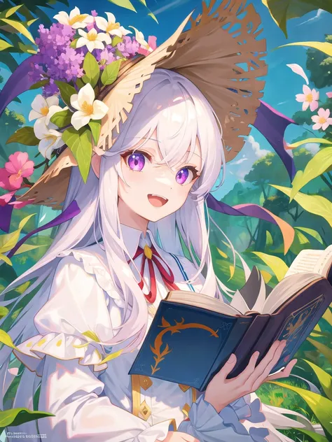 1girl, solo, long_hair, looking_at_viewer, smile, open_mouth, bangs, hat, long_sleeves, dress, ribbon, holding, purple_eyes, upper_body, flower, :d, white_hair, frills, outdoors, day, puffy_sleeves, tree, book, grey_eyes, black_headwear, neck_ribbon, witch_hat, grass, white_flower, juliet_sleeves, nature, forest, holding_book, open_book, hat_flower, witch