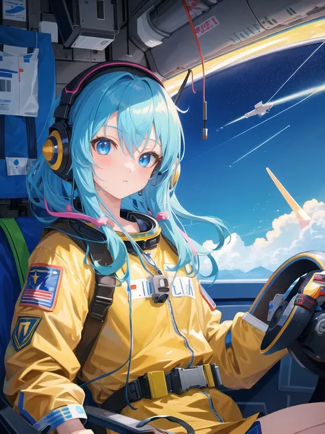 best quality, highly detailed, anime, 1girl, astronaut, pilot suit, space helmet, backpack, headset, blue hair, cockpit, seatbelt, piloting, gloves