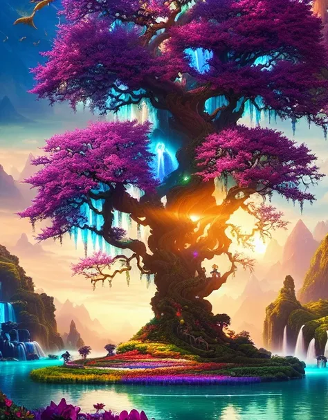 a wide shot of The Tree of Souls from avatar, colorful flowers, cascading waterfalls, highly detailed, intricate details, trending on artstation, sharp focus, intricate details, volumetric lighting, sun rays, soft lighting, highly detailed, by greg rutkowski and lisa frank