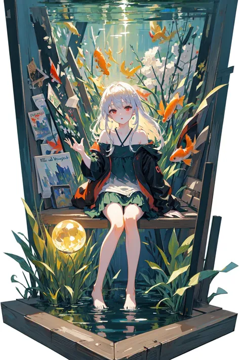 [(Transparent background:1.5)::5],(((masterpiece))),(((best quality))),(((extremely detailed))),illustration, 1girl,solo,mysterious,vivid color,shiny, underwater transparent sealed hemispherical glass dome, white hair,red eyes, full body,barefoot,long hair tranquil nature, koi,Underwater, Dome,close up,Dynamic actions,Lens perspective,(((Box composition))),sit cross-legged and lean against the bookshel,(arm + hand + 1thumb + 4finger),(Impressionism:1.4), Vincent van Gogh