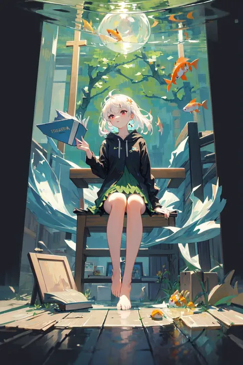 [(Transparent background:1.5)::5],(((masterpiece))),(((best quality))),(((extremely detailed))),illustration, 1girl,solo,mysterious,vivid color,shiny, underwater transparent sealed hemispherical glass dome, white hair,red eyes, full body,barefoot,long hair tranquil nature, koi,Underwater, Dome,close up,Dynamic actions,Lens perspective,(((Box composition))),sit cross-legged and lean against the bookshel,(arm + hand + 1thumb + 4finger),(Impressionism:1.4), Vincent van Gogh