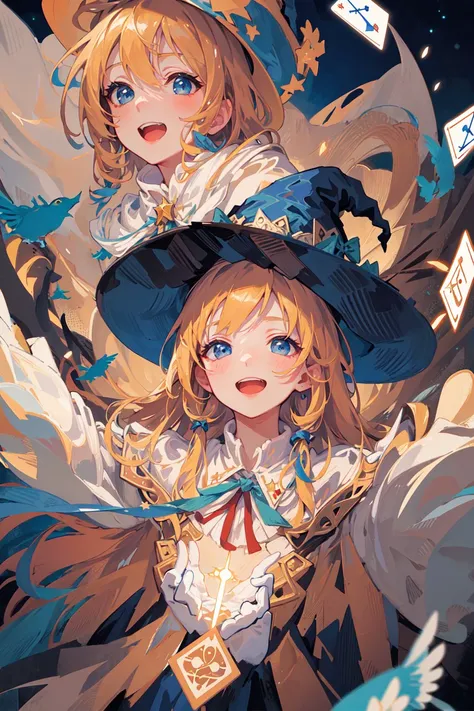 ((masterpiece:1.2, best quality)), 1girl, solo, (witch hat), blonde hair, long hair, dress, aurora, night, star (sky), gloves, sky, white dress, night sky, open mouth, starry sky, blue eyes, ribbon, very long hair, red dress, smile, hair ribbon, cape, blue hair, (bird), magic, casting spell, dark clouds, night, (impressionism:1.4), (tarot:1.3), alphonse mucha,