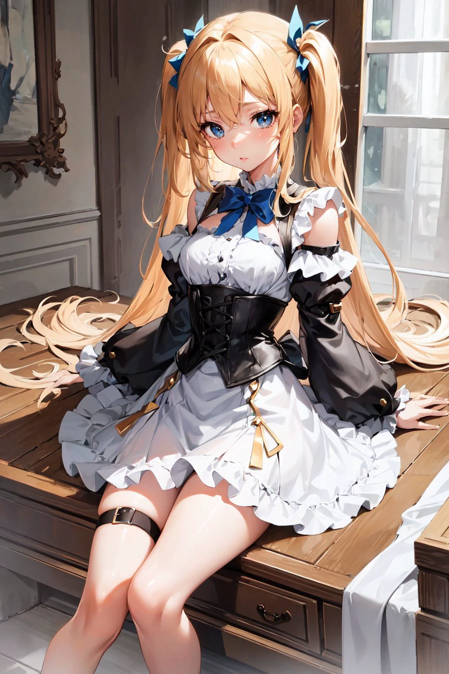 masterpiece:1.4, best_quality:1.4, corset, blouse, miniskirt, bishoujo, blond long hair:1.4, big blue eyes, small breasts, slender, shiny eyes, star eyes, water eyes, Extremely delicate and beautiful, perfect body, perfect face, perfect eyes, perfect arms, perfect hands, perfect fingers, perfect legs,