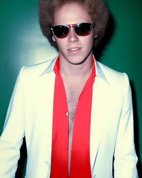 a 1970s color photo of skinny sks man with a perm wearing a vintage 1970s white suit, red disco dress shirt, and sunglasses, at studio 54