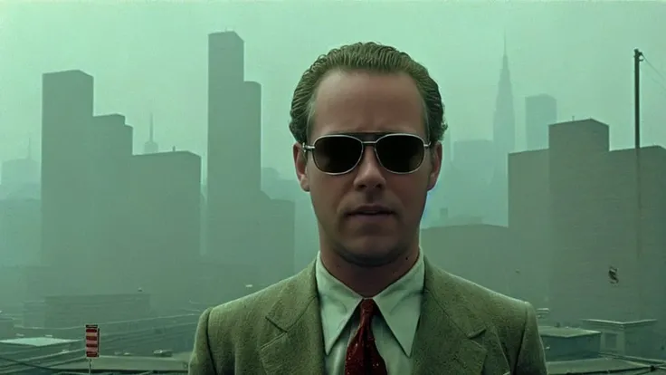a vintage 1970s photo of skinny sks man wearing sunglasses, with a big perm, wearing a vintage 1970s suit, smirking, looking serious, face, full body, kodak, 35mm, A futuristic Cityscape in the style of Blade Runner and Ralph McQuarrie. Smog. Industrial. Neon.
