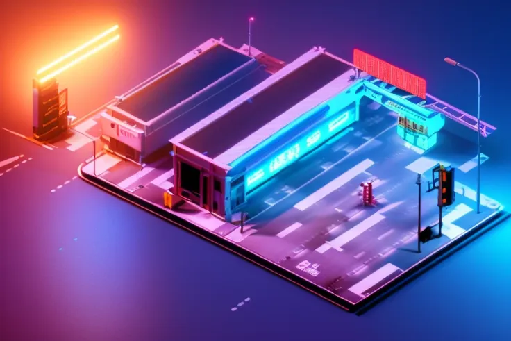 dskise, (isometric) , (neon), (vaporwave), isometric cutaway of an airport in tokyo,  volumetric lighting , (unreal engine), octane dender, dskise