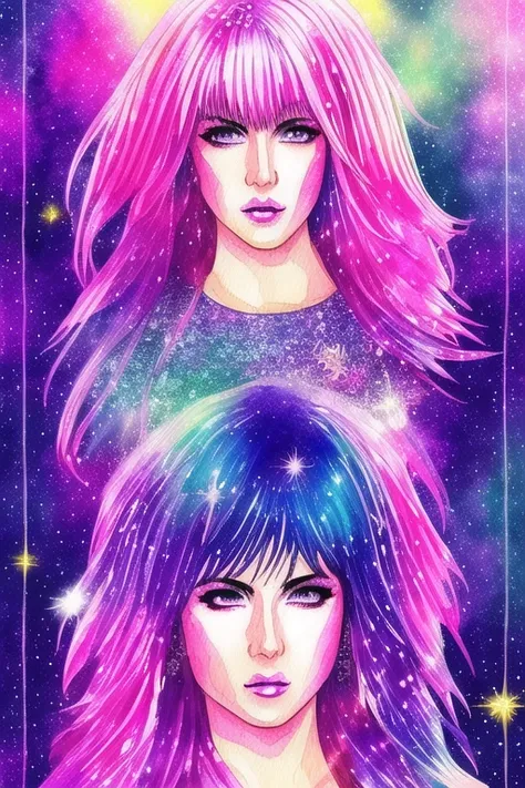 tarot card style, watercolor style, manga illustration style, Jem and the Holograms, portrait, Rock star, 1girl, solo, sparkling glitter background, art by artgerm, wlop, ring light, duskgem