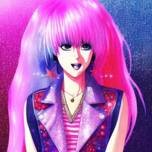 watercolor style, manga  illustration style, Jem and the Holograms, portrait,  Rock star, 1girl, solo, sparkling glitter background, art by artgerm, wlop, ring light,  duskgem