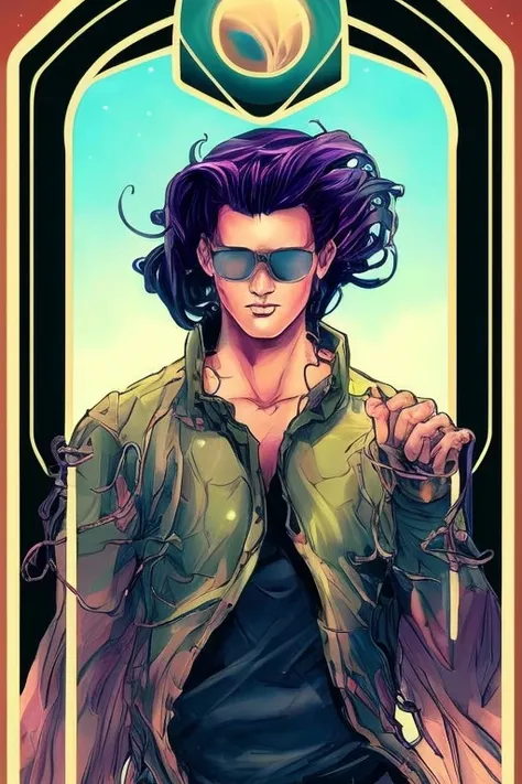 tarot card style, 1boy, male_focus, shirtless, solo, portrait , digital illustrated, flowing hair, glowing rainbow hair, night, pastel , looking at the camera , looking_at_viewer, ring lighting, rim lighting, trending on artstation, wlop, dsktaro1