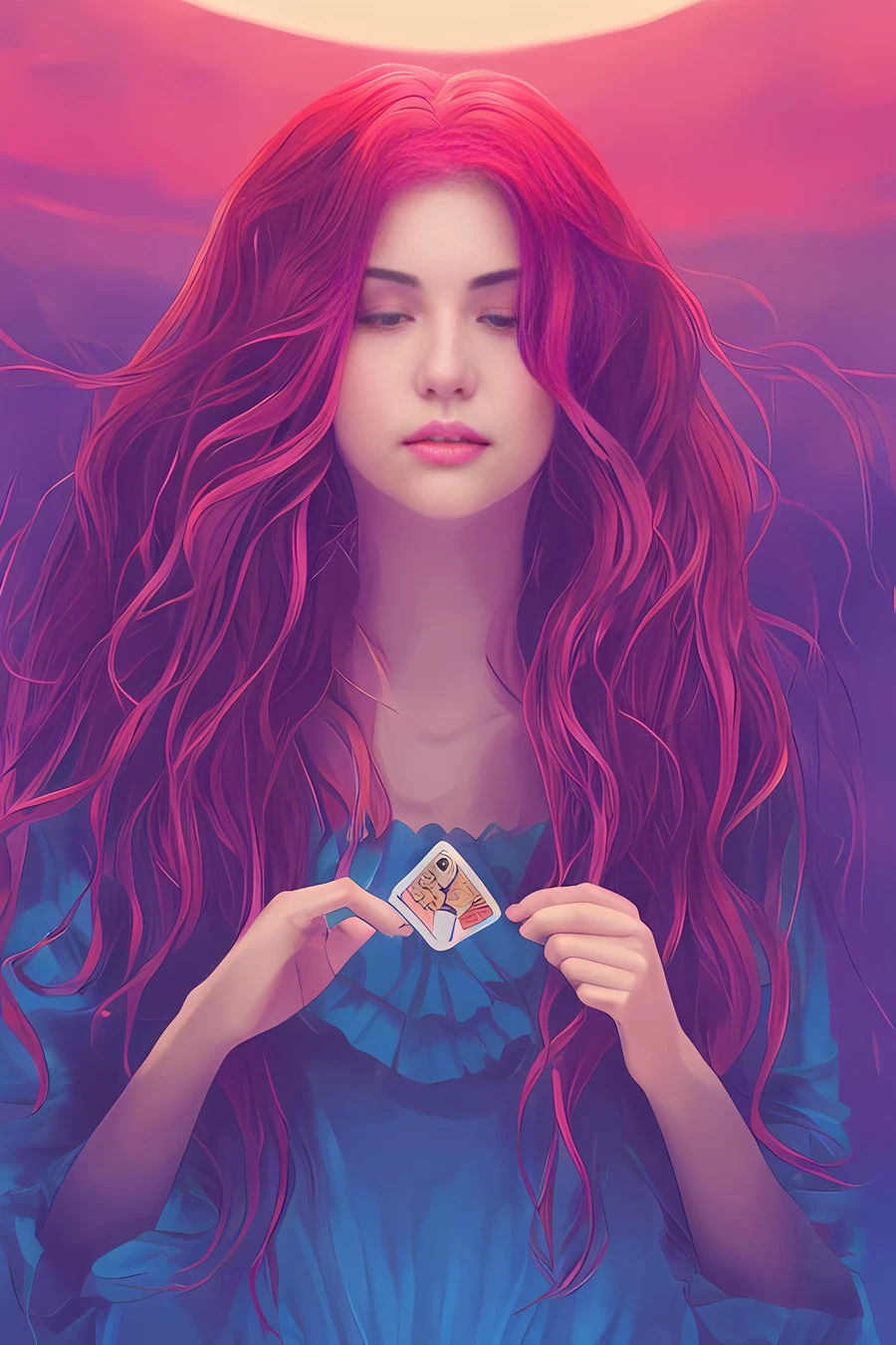 tarot card style, 1 girl, solo, portrait , digital illustrated, flowing hair, glowing rainbow hair, night, pastel , looking at the camera , looking_at_viewer, ring lighting, rim lighting, trending on artstation, wlop, dsktaro1