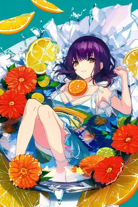 best quality, ligne claire
(1girl dress lying), flowers, citrus, lemon slices, orange slices, ice cubes,
(abstract background:0.9)