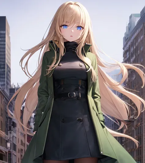 masterpiece, best quality, night, 1girl, long hair, blue eyes, blonde hair, arms behind back, solo, outdoors, coat, night, belt, building, city, parted lips, open clothes, bangs, open coat, green coat, breasts, green jacket, glowing, looking at viewer, zipper, long sleeves, turtleneck