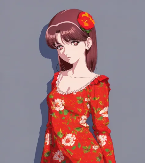 [[retro artstyle]], highres, best quality, illustration, 1 girl, mature female, small breasts, beautiful detailed eyes, long sleeves, frills, no shadow, simple background, bright skin, 1990s (style), flower print,