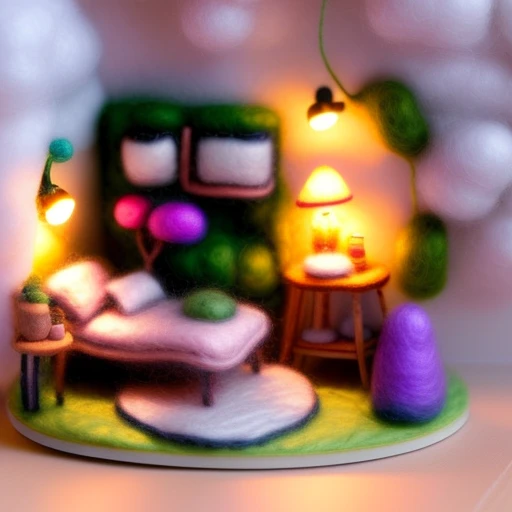 miniwool style of a beautiful and tender (((miniature))) ((bedroom)) with a forest theme, full of flowers and plants, miniature, product photo, perfect lighting, ((diorama))