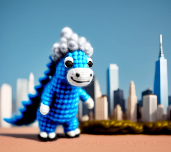 miniwool style of a Godzilla in a city, made of wool, product photo, centered, cute, mini