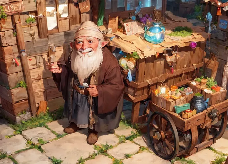 an award-winning masterpiece character concept art of ((solo)), A wizened old man gnome merchant selling magical wares from a wagon in a fantasy city, wrinkles, mystery, merchant's wagon, close up, looking at the viewer, , from above, natural lighting, laughing, from above, happiness, magical trinkets