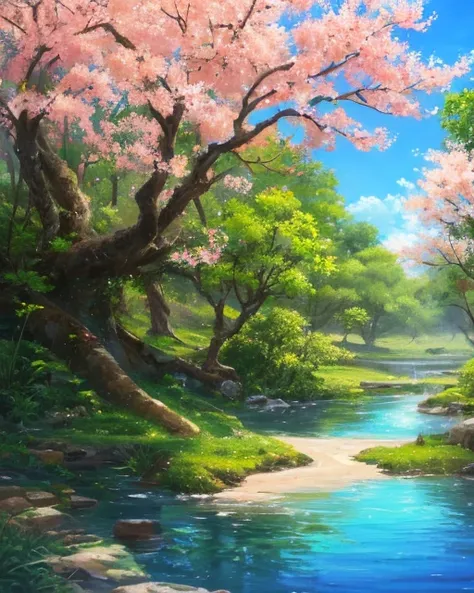 (highres:1.1), best quality, (masterpiece:1.2),  vivid color, digital painting, Jungle, water, natural beauty, peaceful oasis, sakura trees, blue sky