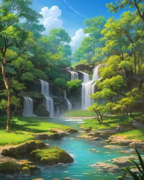 (highres:1.1), best quality, (masterpiece:1.2),  vivid color, digital painting, Jungle, water, natural beauty, peaceful oasis, sakura trees, blue sky