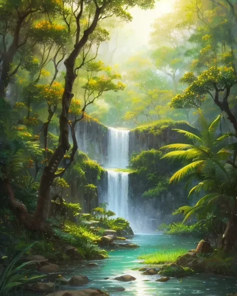 (highres:1.1), best quality, (masterpiece:1.2),  vivid color, digital painting, Jungle, water, natural beauty, peaceful oasis, godrays