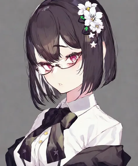 hair flower,star hair ornament,glasses,collared shirt,green bowtie,1girl,short hair,buttons,parted lips,looking at viewer,portrait,cropped shoulders,grey background,simple background,black ribbon,solo,blunt bangs,black flower,hair ribbon,gradient background,star (symbol),by kayahara
