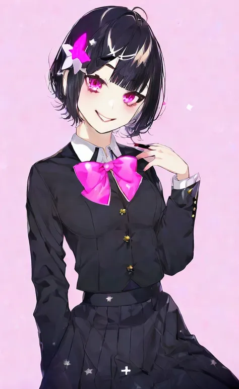 hair flower,star hair ornament,collared shirt,bowtie, short hair,buttons, smile,looking at viewer,black ribbon,by kayahara,solo,blunt bangs,flower,hair ribbon,gradient background,star (symbol), skirt, 1girl, silver hair
