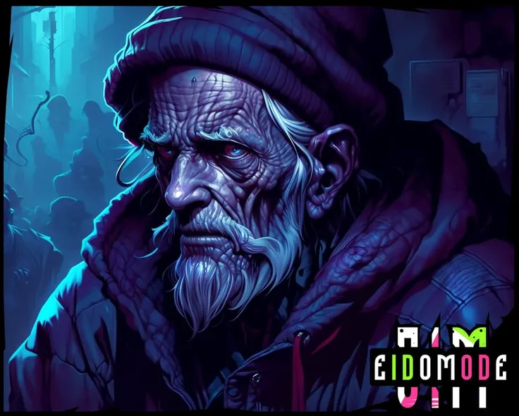 A very sad old homeless man, delightful anatomy, (fantastic horror perfect art, 64k ultra hd:1.1), (art by apterus, art by dan mumford:1.2)