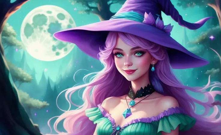 Cute witch woman: Delicate, soft, lovely, pastels, pink, lilac, baby blue, aqua green, fun, frilly dress, pointy hat, magic necklace, friendly smile.
Scenario: Forest, full moon, flying broom, stars, black cat.
Art Techniques: Watercolor, soft strokes, childish style. COMIC BOOK, CHARACTER, ABSTRACT
dreamlikeart, FANTASY ART, STYLE, ART STYLE, 4k, animation 3d and 2d style , ILLUSTRATION, BEAUTIFUL, DIGITAL, iLLUSTRATION, FANTASY, PORTRAITS, SC, dreamlike