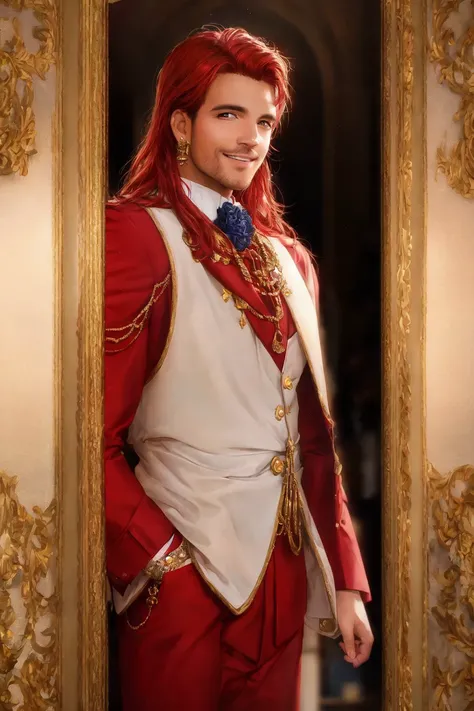 Masterpiece, highest quality, 8k, hdr, RAW digital wide shot of a charming Dominican man standing proudly, reddish hairs, smiling lightly at viewer, expensive trending clothes, discrete jewelry, club, intricate details, at dusk, Artificial lighting and light from sunset coming from outside the frame, realistic lighting, dynamic colors from lighting, hyperrealistic