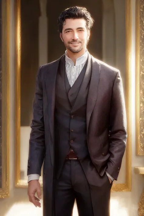 Masterpiece, highest quality, 8k, hdr, RAW digital establishing shot of a average Guernsey man standing proudly, black hairs, smiling frankly at viewer, expensive trending clothes, discrete jewelry, living room, intricate details, at dusk, Artificial lighting and light from sunset coming from outside the frame, realistic lighting, dynamic colors from lighting, hyperrealistic
