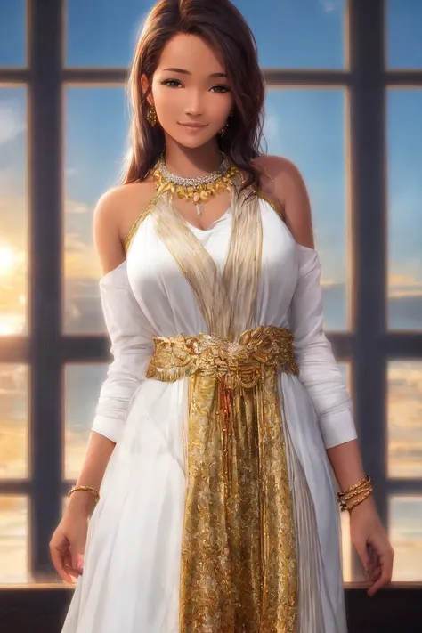 Masterpiece, highest quality, 8k, hdr, (head to toe:1.4), RAW digital establishing shot of a young Banyarwanda woman standing proudly, athletic, precious body and face, smiling honestly at viewer, expensive designer clothes, hair adornments, discrete jewelry, kitchen, intricate details, at dusk, lighting from interior fixtures and sunset coming from outside the frame, realistic lighting, dynamic colors from lighting, hyperrealistic