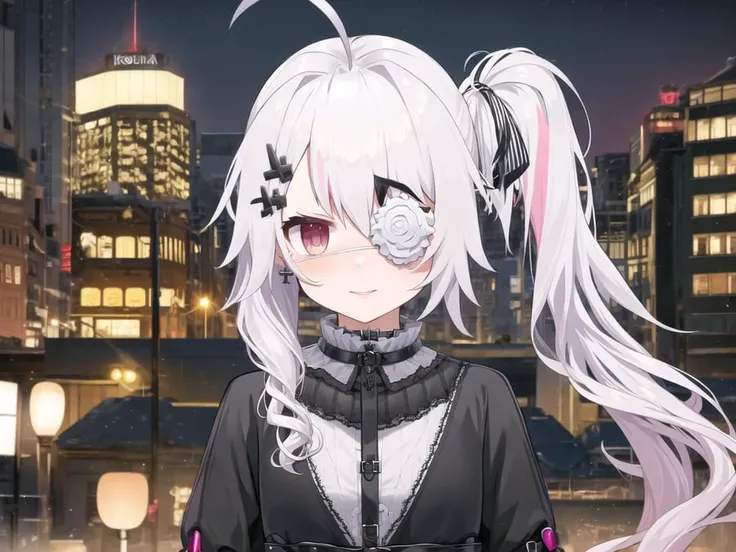 masterpiece, best quality, vr-koxia, night, city, side ponytail, eyepatch