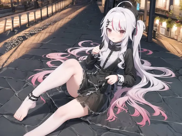 masterpiece, best quality, vr-koxia, city, street, long hair, full body, lying