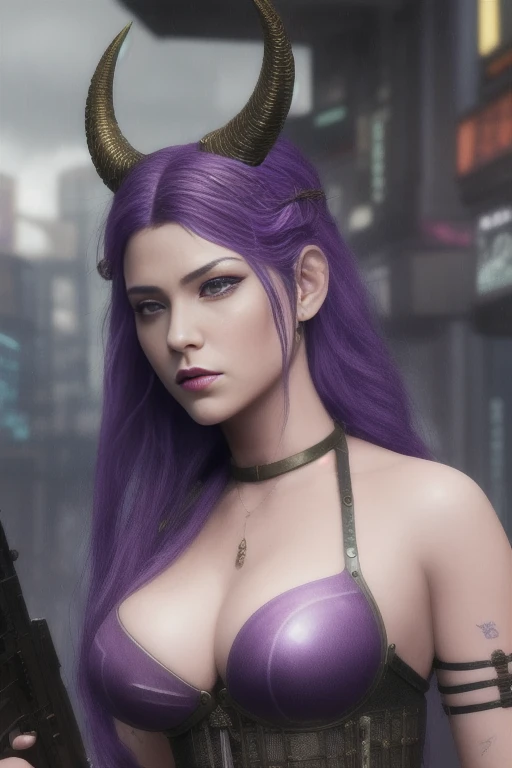 Highly detailed, best quality, masterpiece, official art, highres, absurdres, official art, detailed, cinematic, (mature female), violet braided, dragongirl, two symmetrical dragon horns on head, dragon tail, detailed face, detailed eyes, medium breasts, big hips, big thighs, armored boots, black corset,aiming a single sniper rifle,detailed lips, detailed cyberpunk city and rain in background