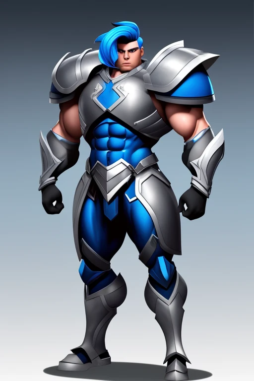 photo of a stylized ((full body)) of a ((male)) super soldier, with stylized blue hair, Huge body, strong mussels, wearing blue and white armor, tk-char, grey background