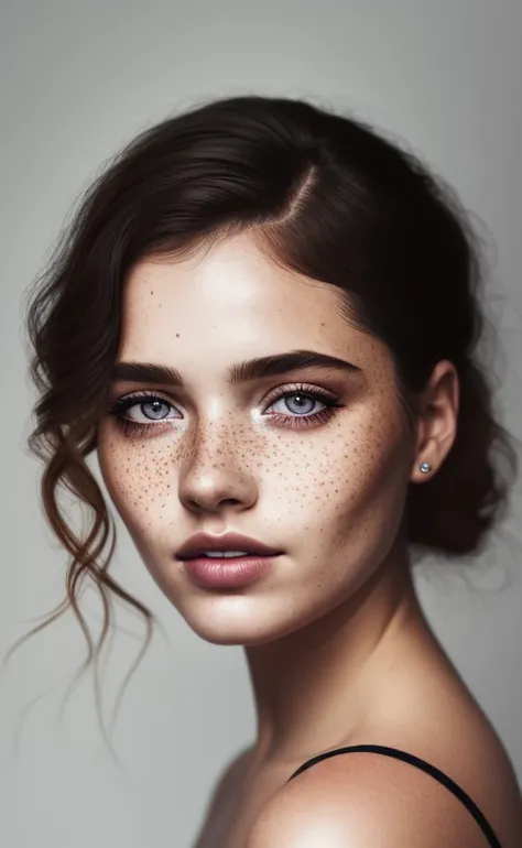 beautiful lady, freckles, dark makeup, hyperdetailed photography, soft light, head and shoulders portrait, cover