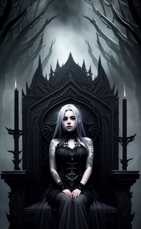 dark fantasy theme, mystical, zoomed, Dark theme, underworld theme, deviant art masterpiece, a pale girl on a dark throne, crimson eyes, grey hair, dark dress, dark tattoos, colour grading, dark illustration, extreme quality, extremely detailed