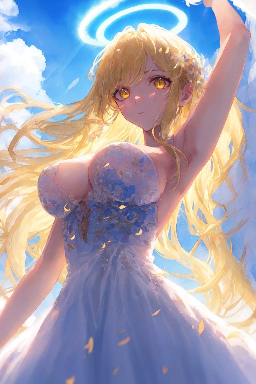 Watercolor, 1girl, masterpiece, best quality, extremly detailed, intricate detail, highres, official art, finely detailed beautiful face and eyes, high resolution illustration, 8k, dark intense shadows, overexposure, long blonde hair, flutterimg hair, halo, white dress, cowboy shot, large breasts, cleavage, fluttering dress, (white wings), blue sky, detailed clouds, from below, yellow eyes, sunshine, glowing eyes, arms back behind, spotlight, lens flare
